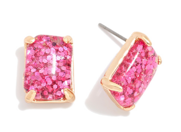 Rectangular Glitter Resin Stud Earrings - Pink