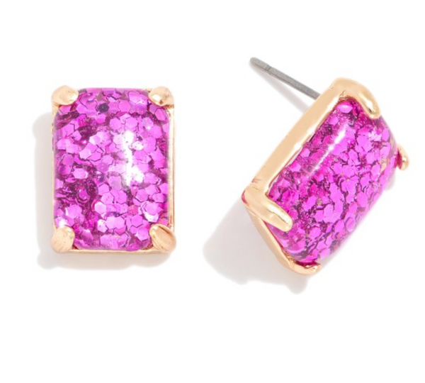 Rectangular Glitter Resin Stud Earrings - Purple