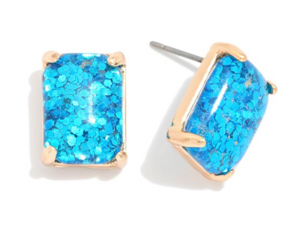 Rectangular Glitter Resin Stud Earrings - Blue