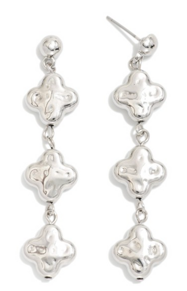 Textured Linked Clover Drop Earrings - Silver