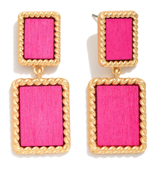 Linked Wood Rectangles Drop Earrings - Pink