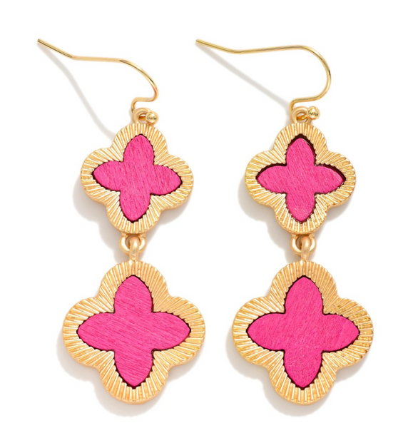 Linked Wood Clovers Drop Earrings - Pink