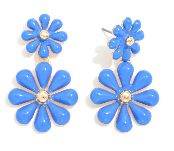 Linked Enamel Flowers Drop Earrings - Blue