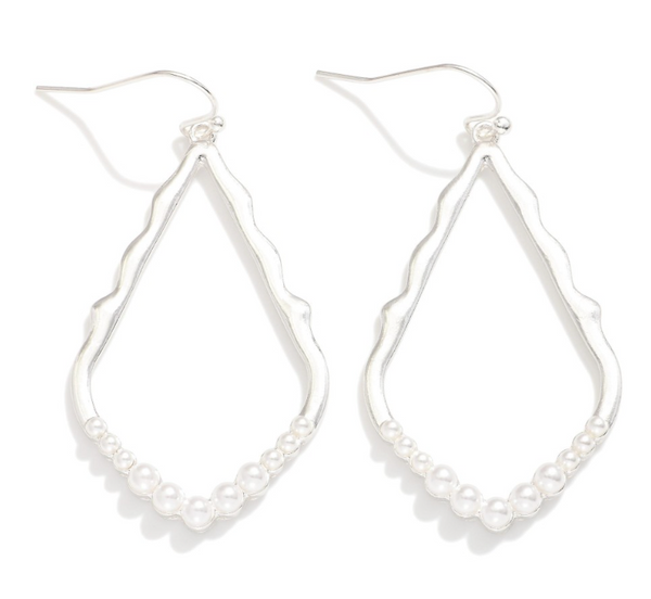 Pearl Studded Wavy Teardrop Earrings - Silver
