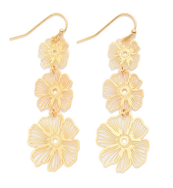 Long Linked Metal Flower Dangle Earrings - Gold