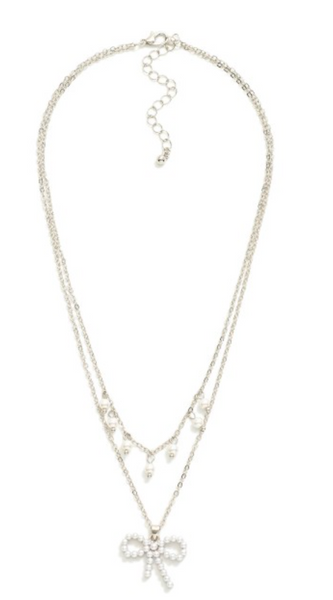 Pearl Bow Pendant Layered Necklace - Silver