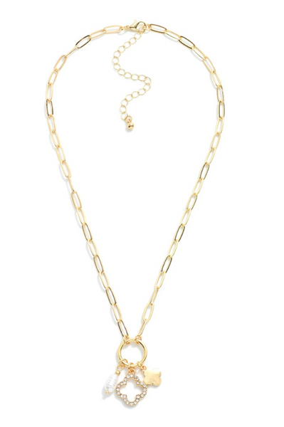 Rhinestone Clover & Pearl Charm Necklace - Gold