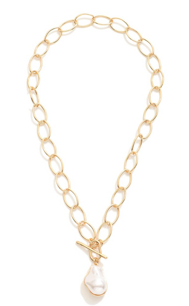 Pearl Pendant Oval Link Chain Necklace - Gold