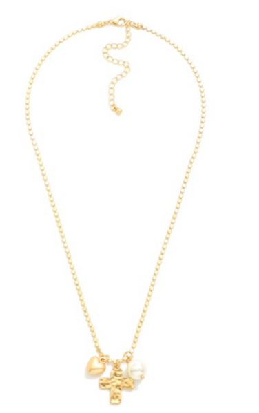 Cross, Heart, & Pearl Pendant Necklace - Gold