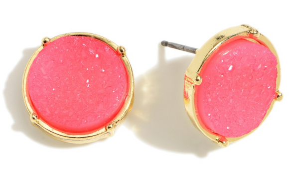 Round Druzy Stud Earrings - Pink