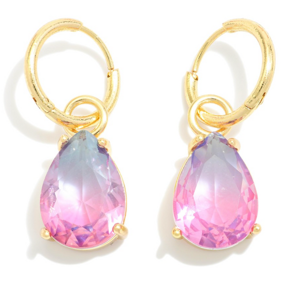 Crystal Teardrop Hinged Hoop Earrings - Purple