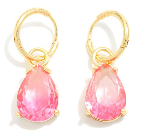 Crystal Teardrop Hinged Hoop Earrings - Pink