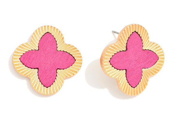 Wood Clover Post Earrings - Pink