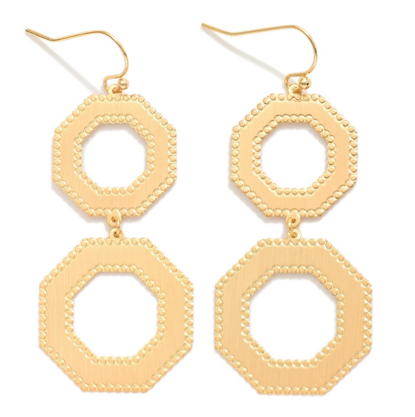 Textured Border Linked Octagon Earrings - Gold