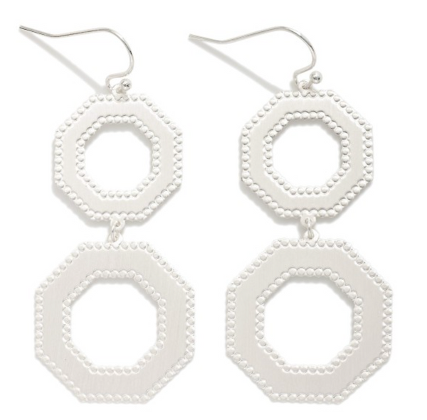 Textured Border Linked Octagon Earrings - Silver