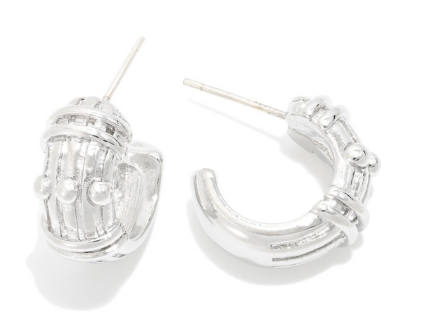 Textured Metal Hoop Earrings - Silver