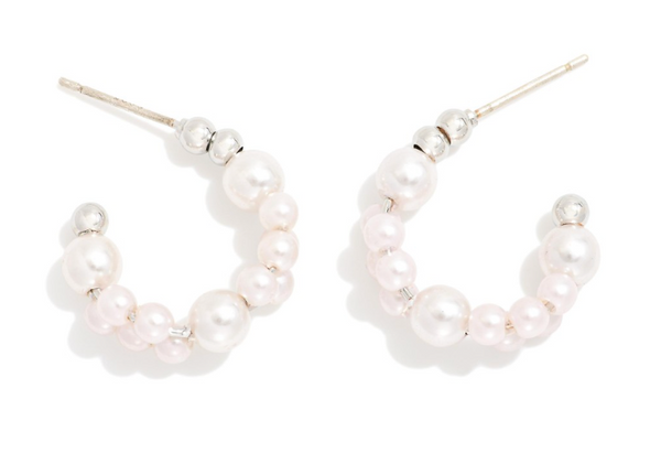Pearl Beaded Hoop Earrings - Silver