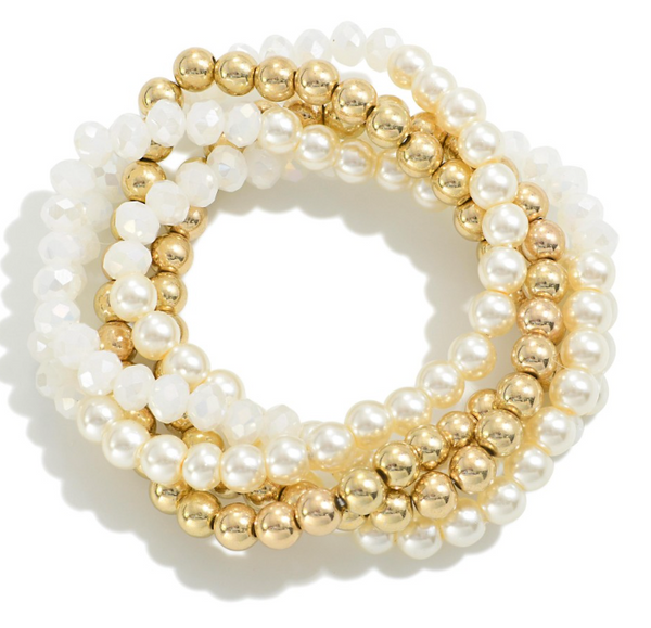 Set of Five Beaded Stretch Bracelets - White