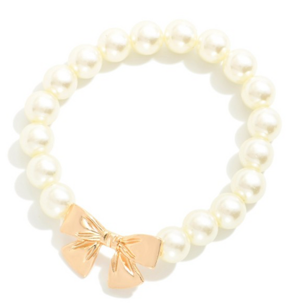 Gold Bow & Pearl Beaded Stretch Bracelet