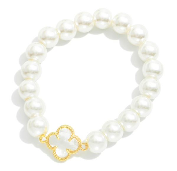 Clover & Pearl Beaded Stretch Bracelet - Gold