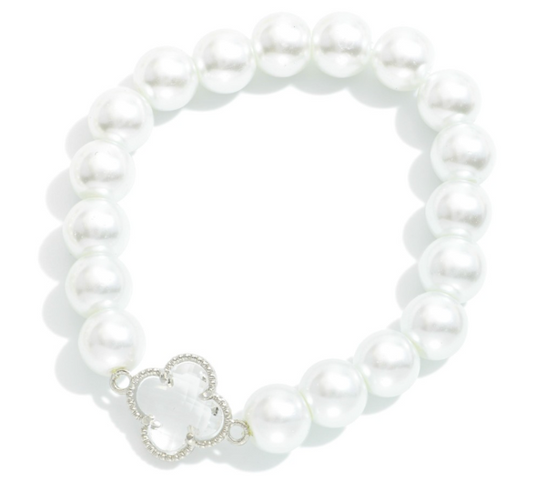 Clover & Pearl Beaded Stretch Bracelet - Silver