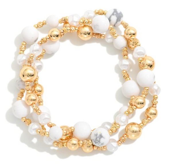 Stone & Pearl Beaded Stretch Bracelet Set - White Marble