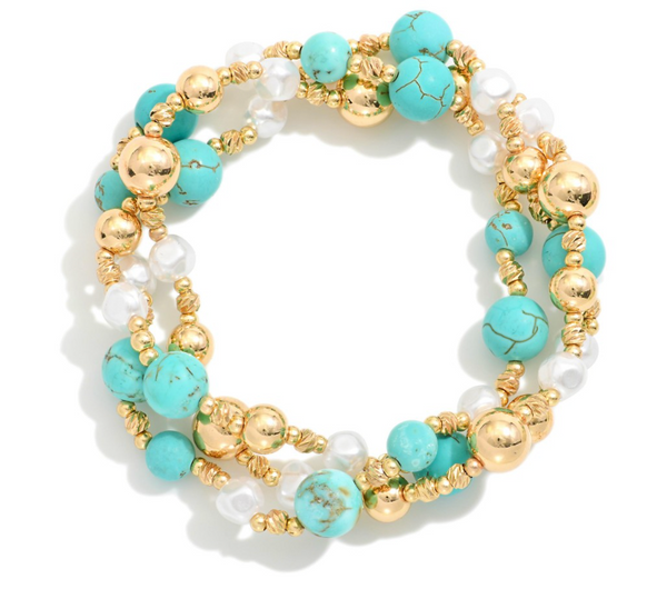 Stone & Pearl Beaded Stretch Bracelet Set - Turquoise