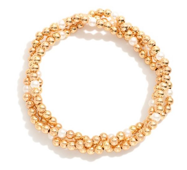 Set of Three Pearl Beaded Stretch Bracelets - Gold
