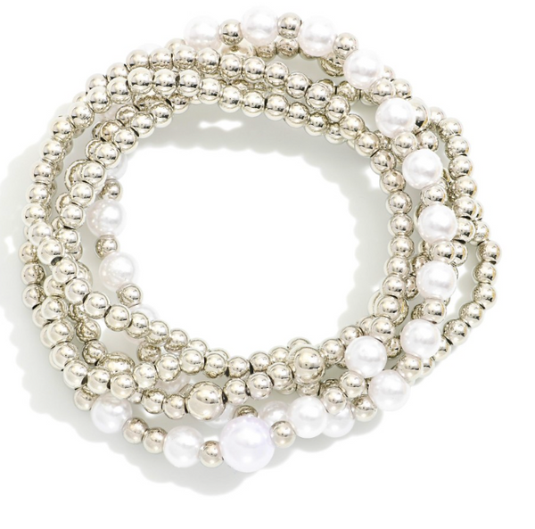 Beaded Pearl Stretch Bracelet Set - Silver