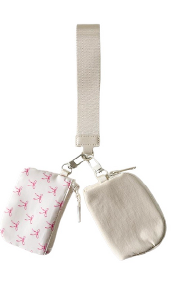 Dual Pouch Wristlet Wallet - White Bows