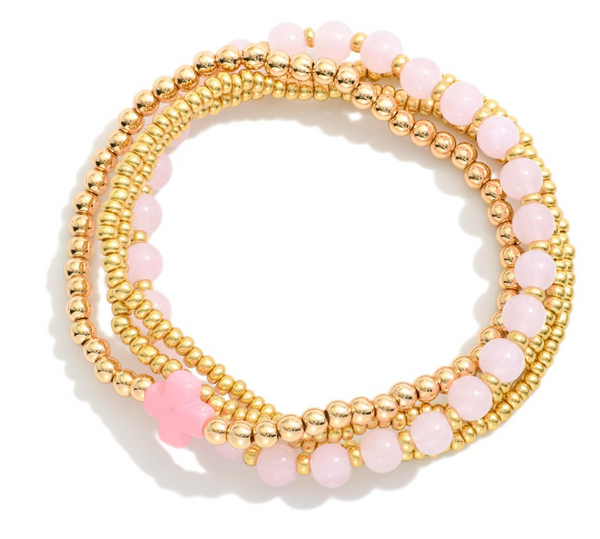 Beaded Bracelet Stack with Cross - Pink