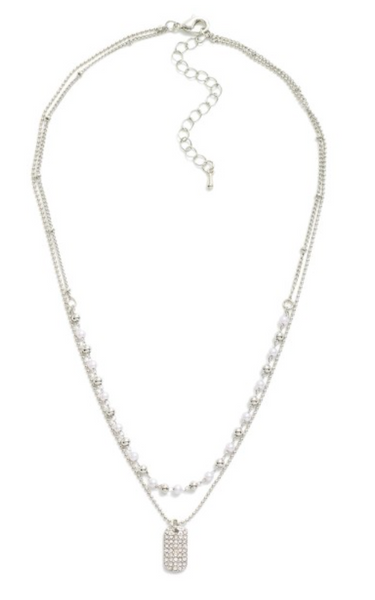 Layered Necklace With Pearls & Pave Tag Pendant - Silver