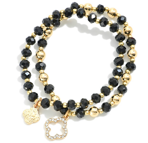 Clover Beaded Stretch Bracelet Set - Black