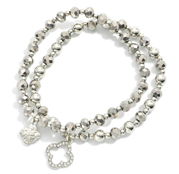 Clover Beaded Stretch Bracelet Set - Silver