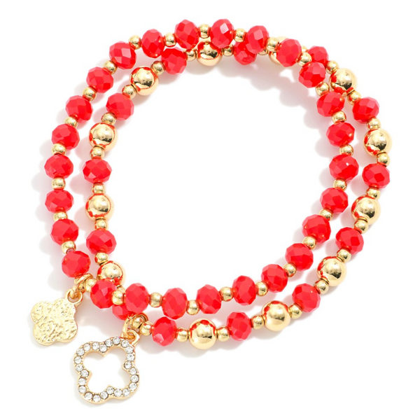 Clover Beaded Stretch Bracelet Set - Red