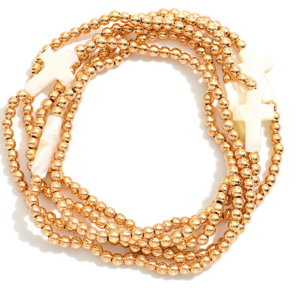 Set of Five Beaded Stretch Cross Bracelets - Gold