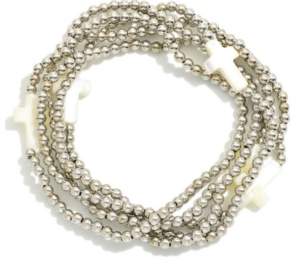 Set of Five Beaded Stretch Cross Bracelets - Silver