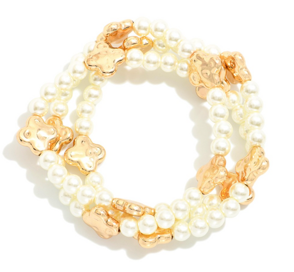 Pearl and Clover Beaded Stretch Bracelet Set - Gold