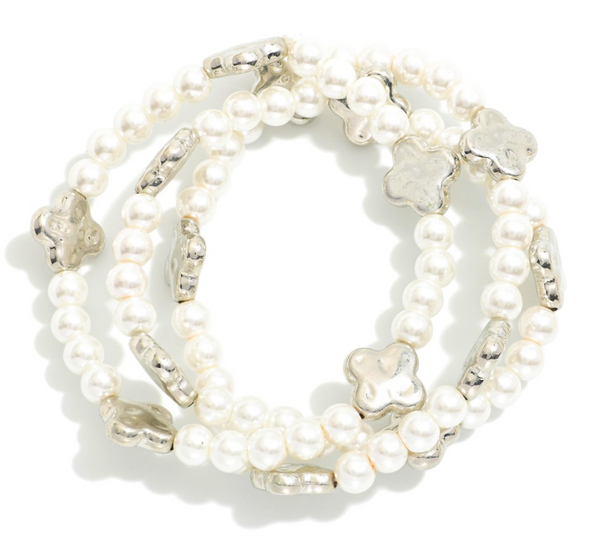 Pearl and Clover Beaded Stretch Bracelet Set - Silver