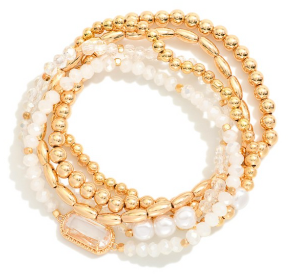 Glass Crystal Beaded Stretch Bracelet Set - White
