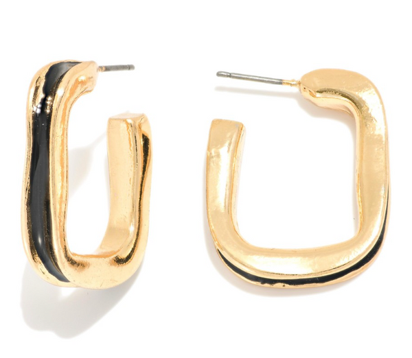 Enamel Rounded Square Hoop Earrings - Black