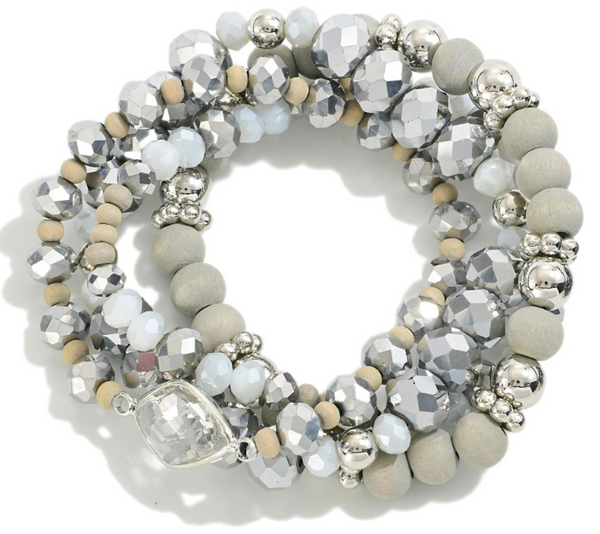 Rhinestone Beaded Stretch Bracelet Set - Silver