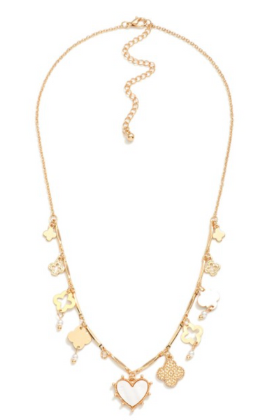 Clovers & Pearlescent Heart Charm Necklace