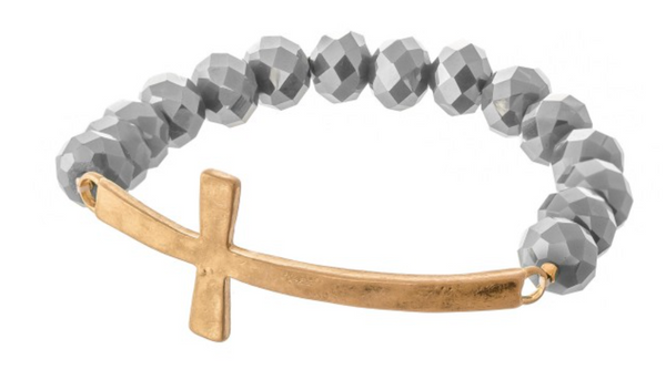 Beaded Cross Stretch Bracelet - Grey