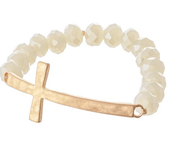 Beaded Cross Stretch Bracelet - Cream