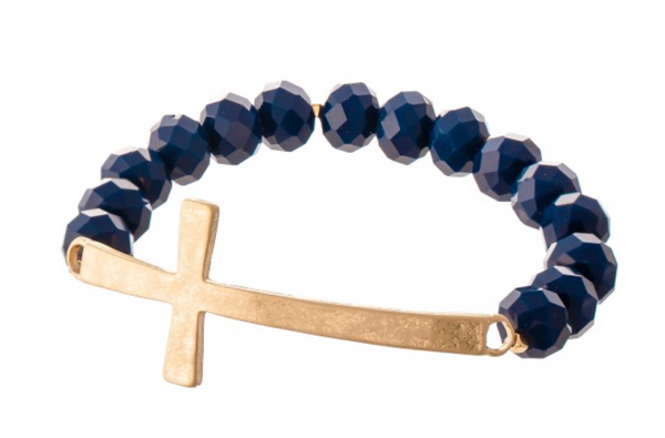 Beaded Cross Stretch Bracelet - Navy