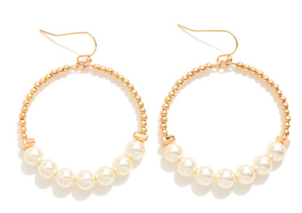 Pearl Beaded Hoop Dangle Earrings - Gold