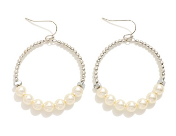 Pearl Beaded Hoop Dangle Earrings - Silver