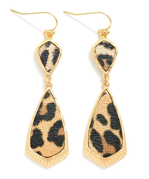 Linked Geometric Leather Dangle Earrings - Leopard