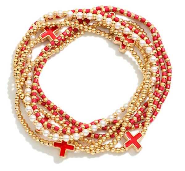 Set of Seven Beaded Stretch Bracelets - Red
